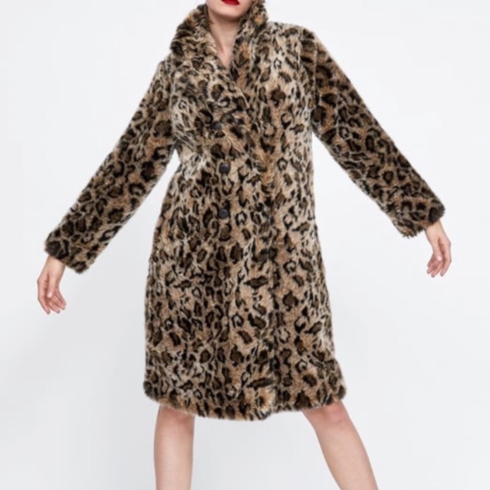 Zara Leopard Coat Long Double Breasted Medium